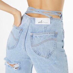 Oh Polly Lace Up Cut Out Back Jeans in Light Blue Wash